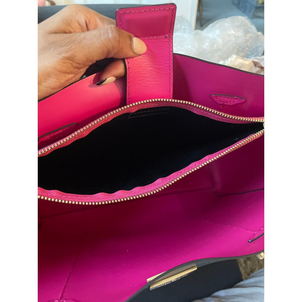 Kate Spade Black Leather Tote Bag Magenta Interior Gold Hardware Work Travel Bag - Picture 8 of 9